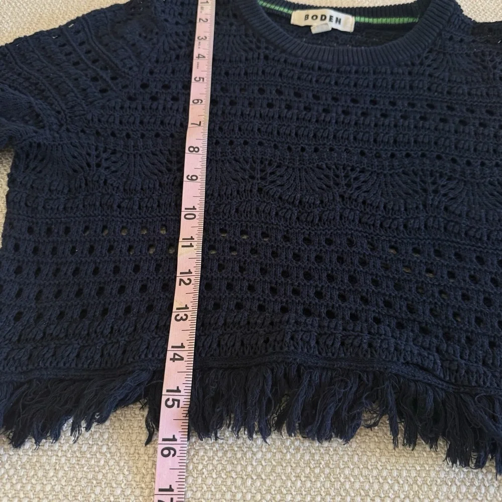 Boden Womens M Crochet Knit Fringe Crop Top Navy Blue Cotton Boho Swim Cover